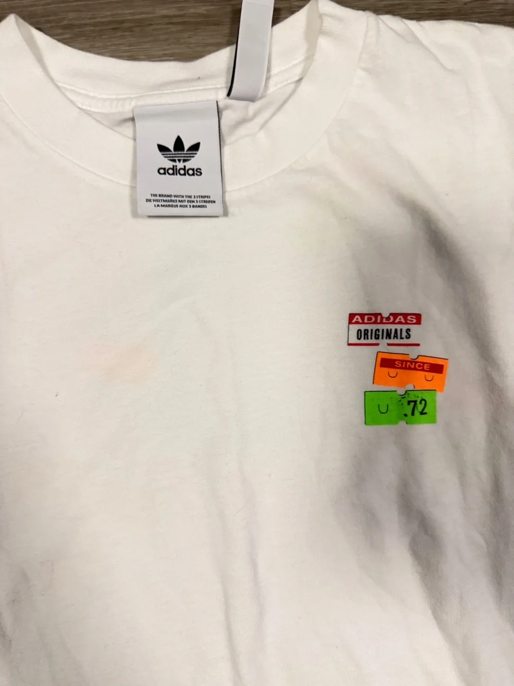 adidas White Short Sleeve Crewneck Tee with Small Neon Chest Graphics